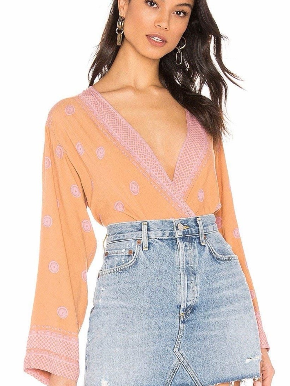 Free People Peach and Pink Wrap V-Neck Blouse